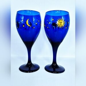 Set of 2 Libbey Glass Cobalt Blue “Celestial” Moon, Sun and Stars Wine Goblets